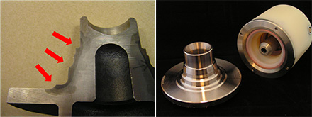 Cut away of wheel bearing on left showing heat treat pattern. Our eddy current probe on the right inspects the part in multiple locations. A single eddy current coil can be seen in the bottom of the probe near the stainless steel ring.