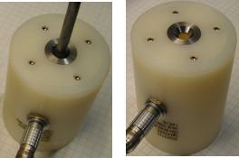 Valve tip hardness eddy current probe shown with and without valve in place